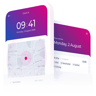 Mobile phone showing clock in screen and timesheet